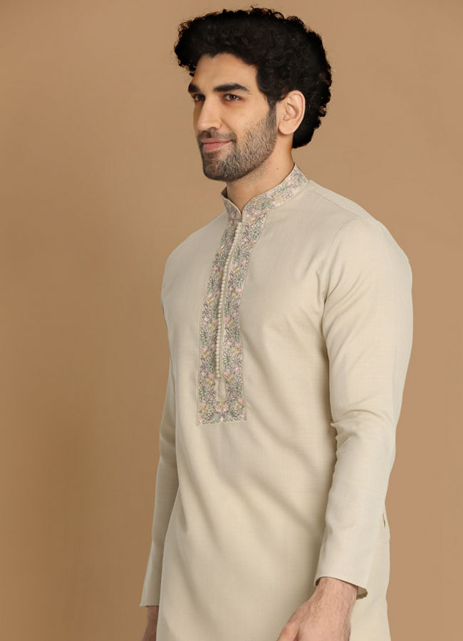 Pista Thread Work Kurta Pajama image number 0